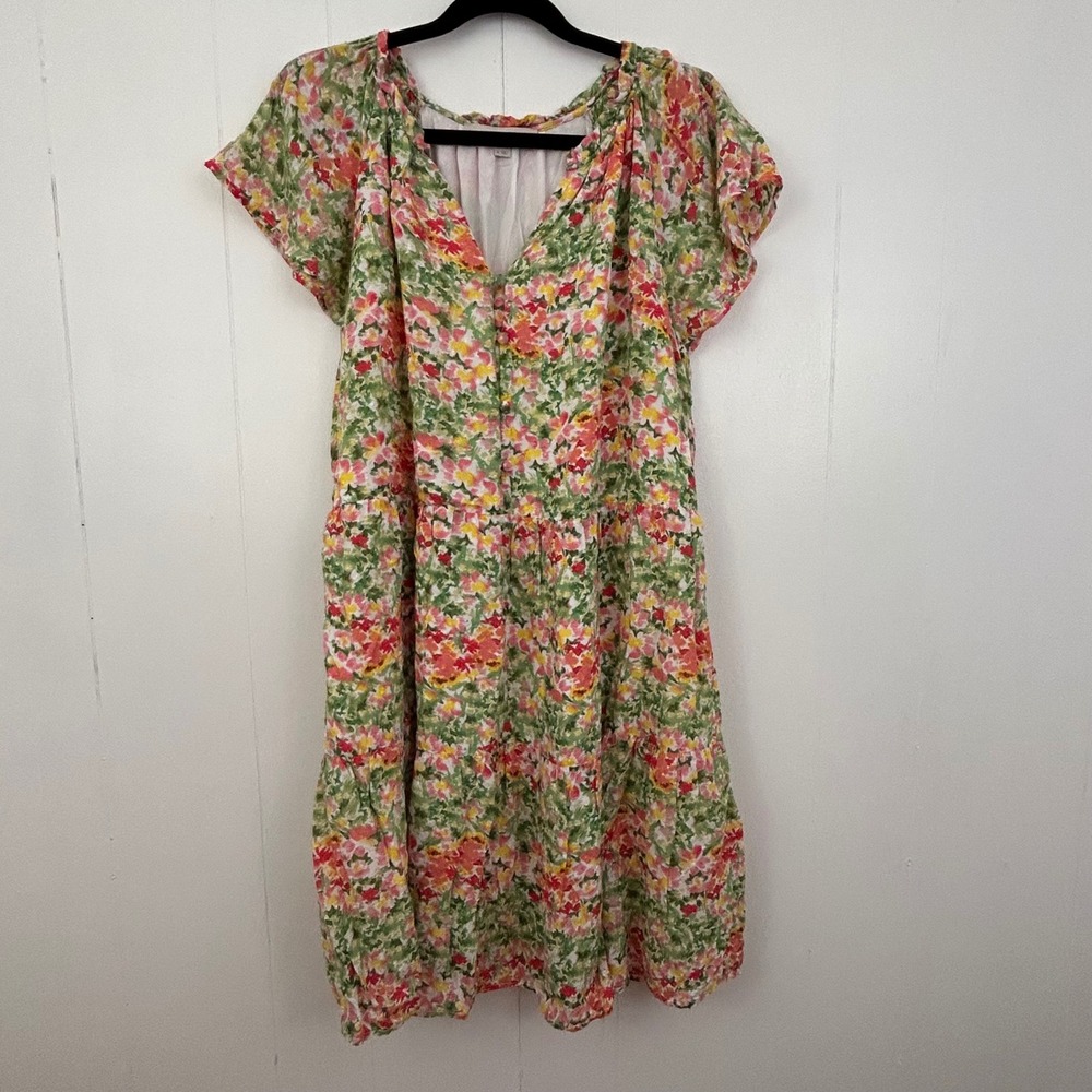 LOFT Floral Tiered Mini Dress Womens Medium Pink Green Yellow V-Neck Modal Blend